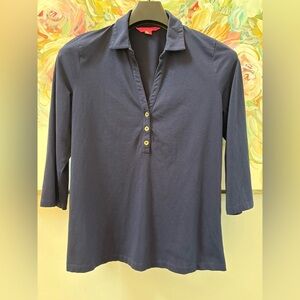 Lilly Pulitzer Navy Collared 3/4 Sleeve Polo Shirt - Size L